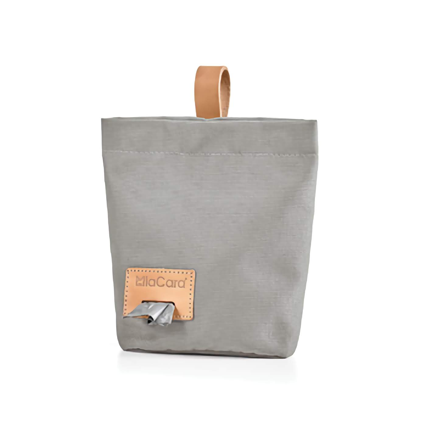 A gray Lupo dog snack bag with a leather handle and a magnetic closure, featuring a label with the brand name 'Lupo' on the front.