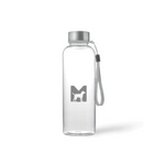 A clear plastic water bottle with a stainless steel lid and a MiaCara logo, equipped with a color-matching strap.
