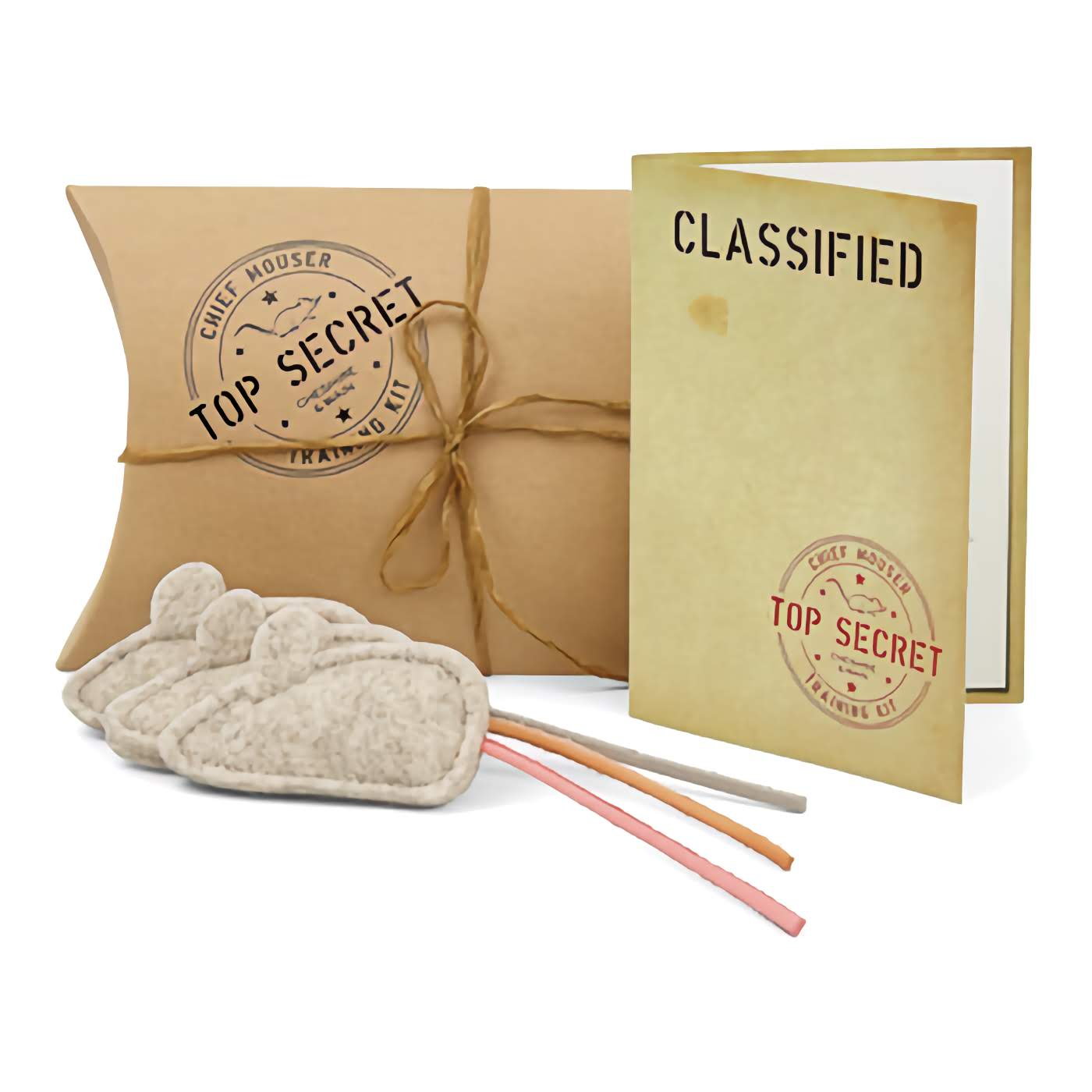A set of cat toys designed to resemble mice, with a leather tail and natural wool felt body, tied with a string. The toys are displayed next to a novelty kraft pillow box with 'TOP SECRET' stamp and a classified document.