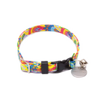 A multicolor breakaway cat collar with a plastic buckle and a charm.
