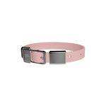 A pink dog collar with stainless steel buckle and D-ring, designed for durability and style.