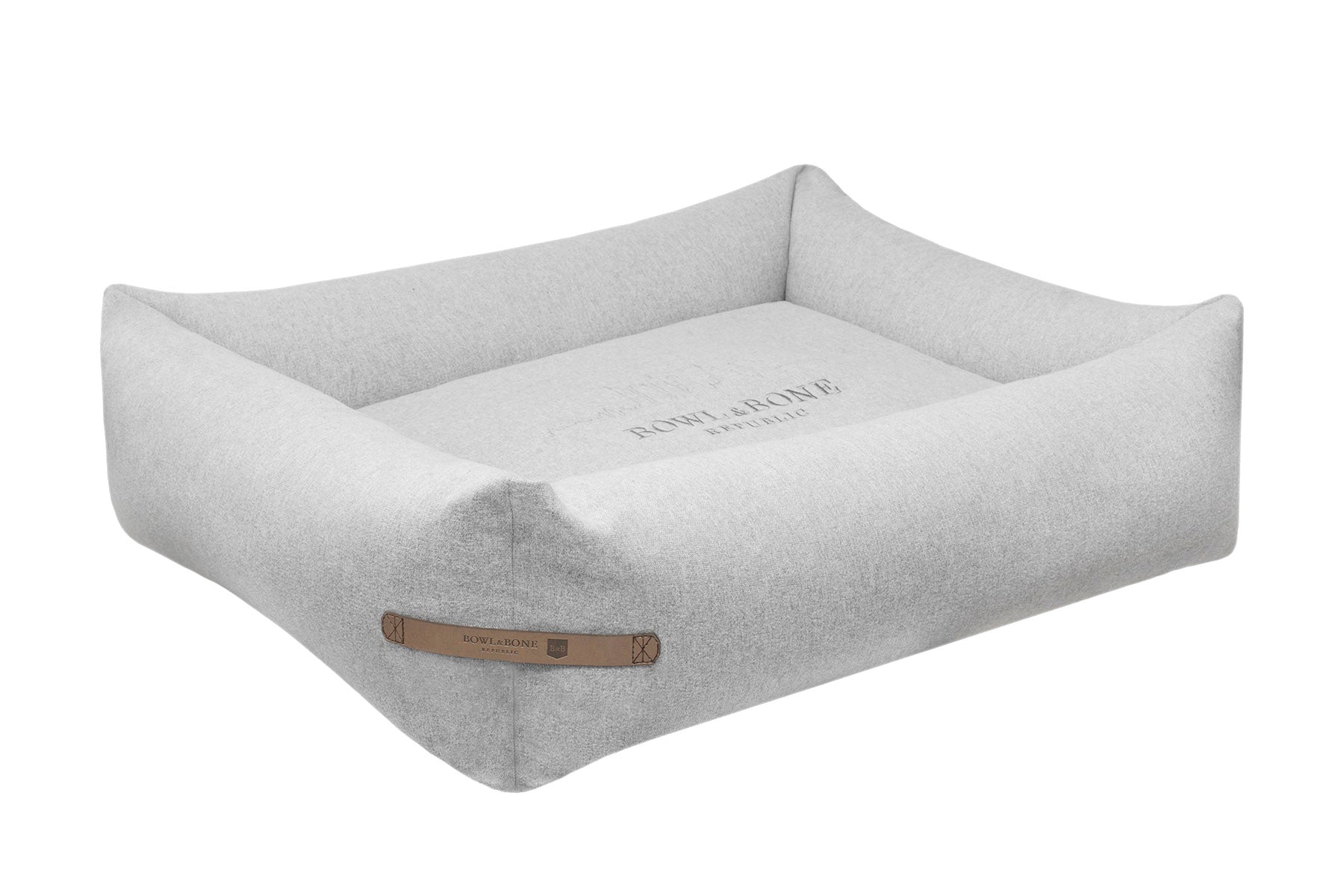 Gray pet bed with a brand logo on a white background