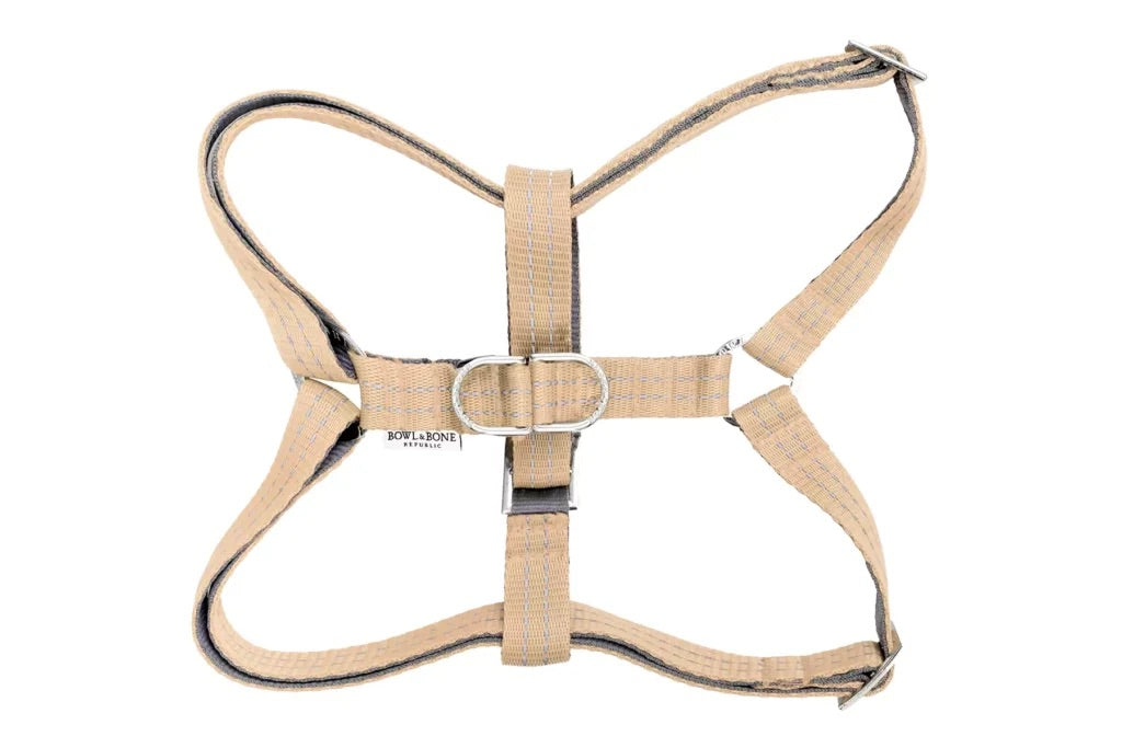 Beige dog harness on a white background