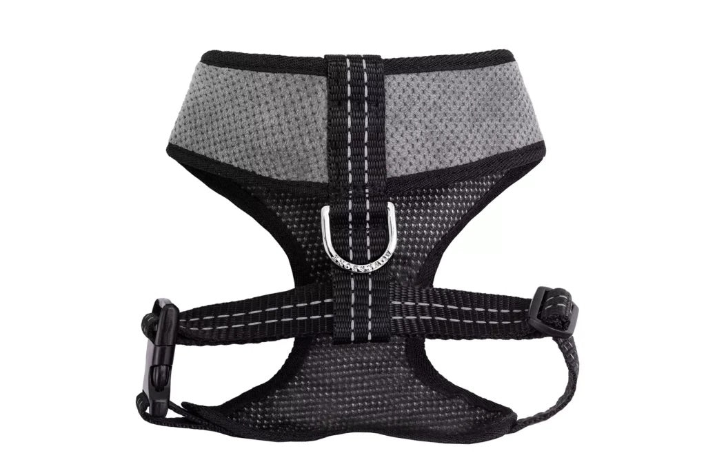 Black and gray dog harness on a white background