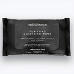 Packaging for Smith&Burton Purifying Cleansing Wipes with Manuka honey, Cucumber, Coconut, and Vitamin E, fragrance-free, with 20 wipes made in New Zealand.