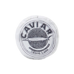 A round white and navy cat toy with 'CAVIAR' written on it and an image of a fish, indicating it is a catnip toy.