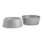 Two gray porcelain dog bowls with a high-gloss finish, displayed on a white background.