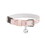 A pink cat collar made of Italian leather and suede, with a silver bell and solid brass hardware, including a breakaway safety catch.