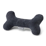 A bone-shaped dog toy with a mottled anthracite color, made from polyester, designed for throwing, fetching, and romping around.