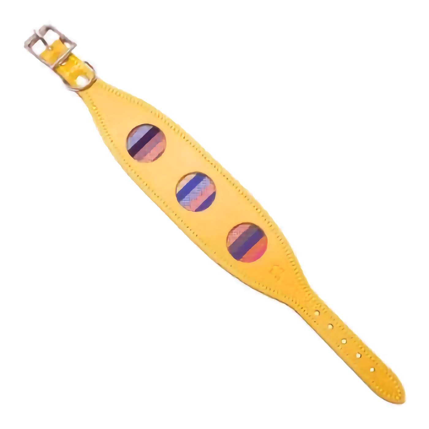 A yellow leather dog collar with a striped print design, featuring multicolored patterns and a solid metal buckle.