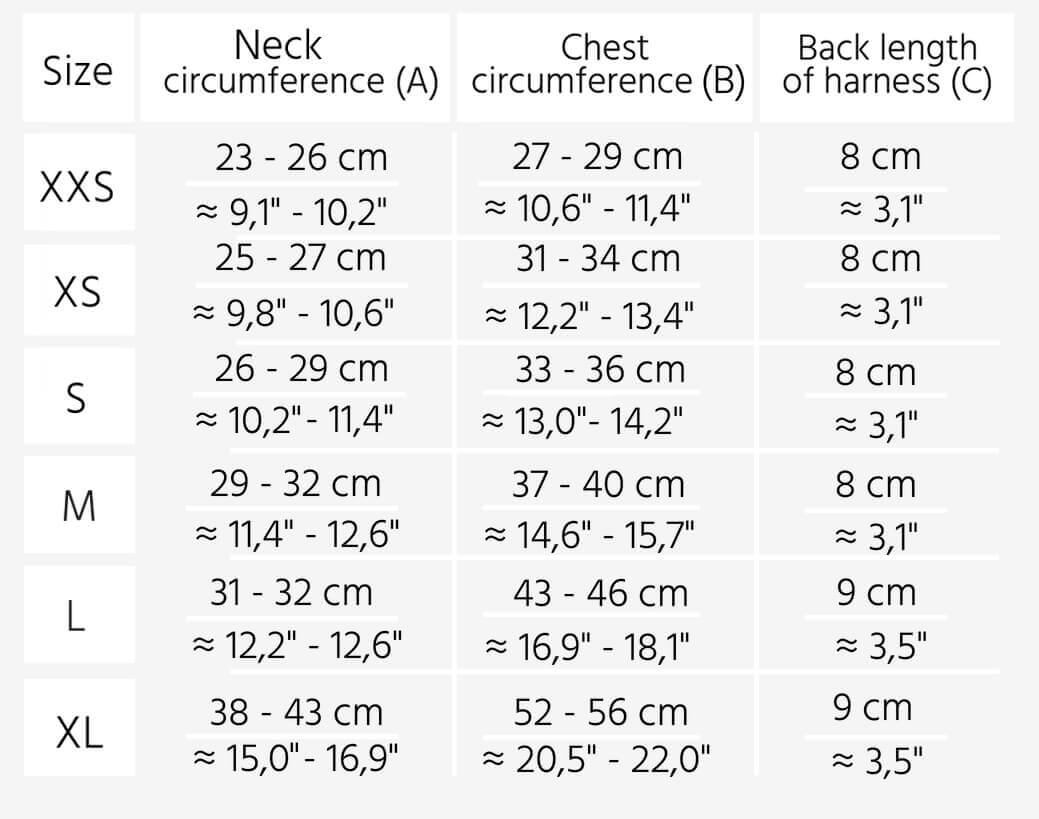 Bowl&amp;Bone Harness Size Chart
